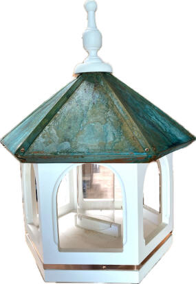 birdfeeder small white with patina copper roof